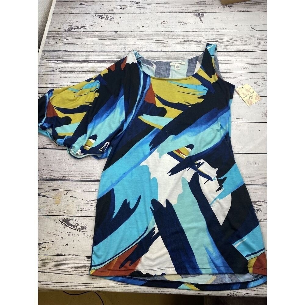 Derek Heart Plus Womens Abstract Print One Shoulder Tunic Top Blue 1X NEW